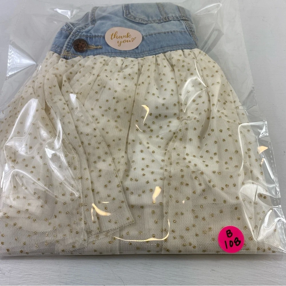 OshKosh B’Gosh Infant Girl Mixed Media Polka‎ Dot Denim Overall Dress Sz 24M